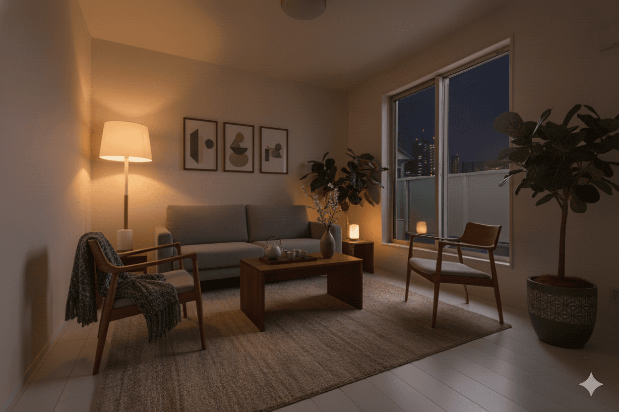 Wood furniture in a white-colored Japanese apartment